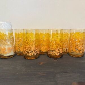 Vintage Libbey Yellow and Orange Floral Glass Set